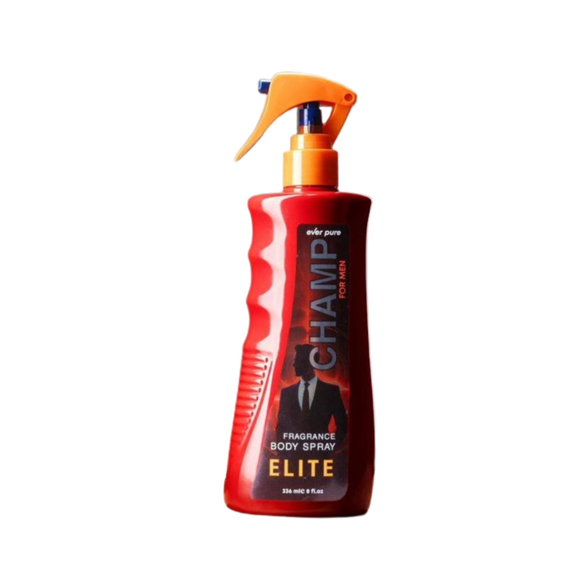 Refect Beauty Ever Pure Champ Elite body spray for men in a red bottle with an orange trigger sprayer
