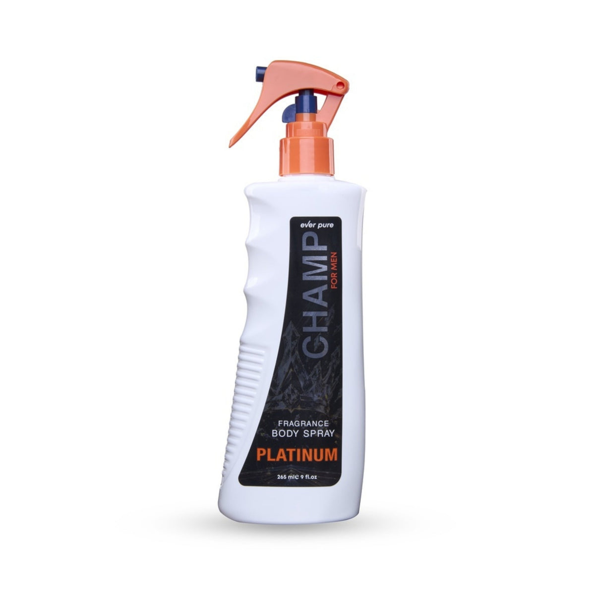 Refect Beauty Ever Pure Champ Platinum body spray for men in a white bottle with an orange trigger spray nozzle