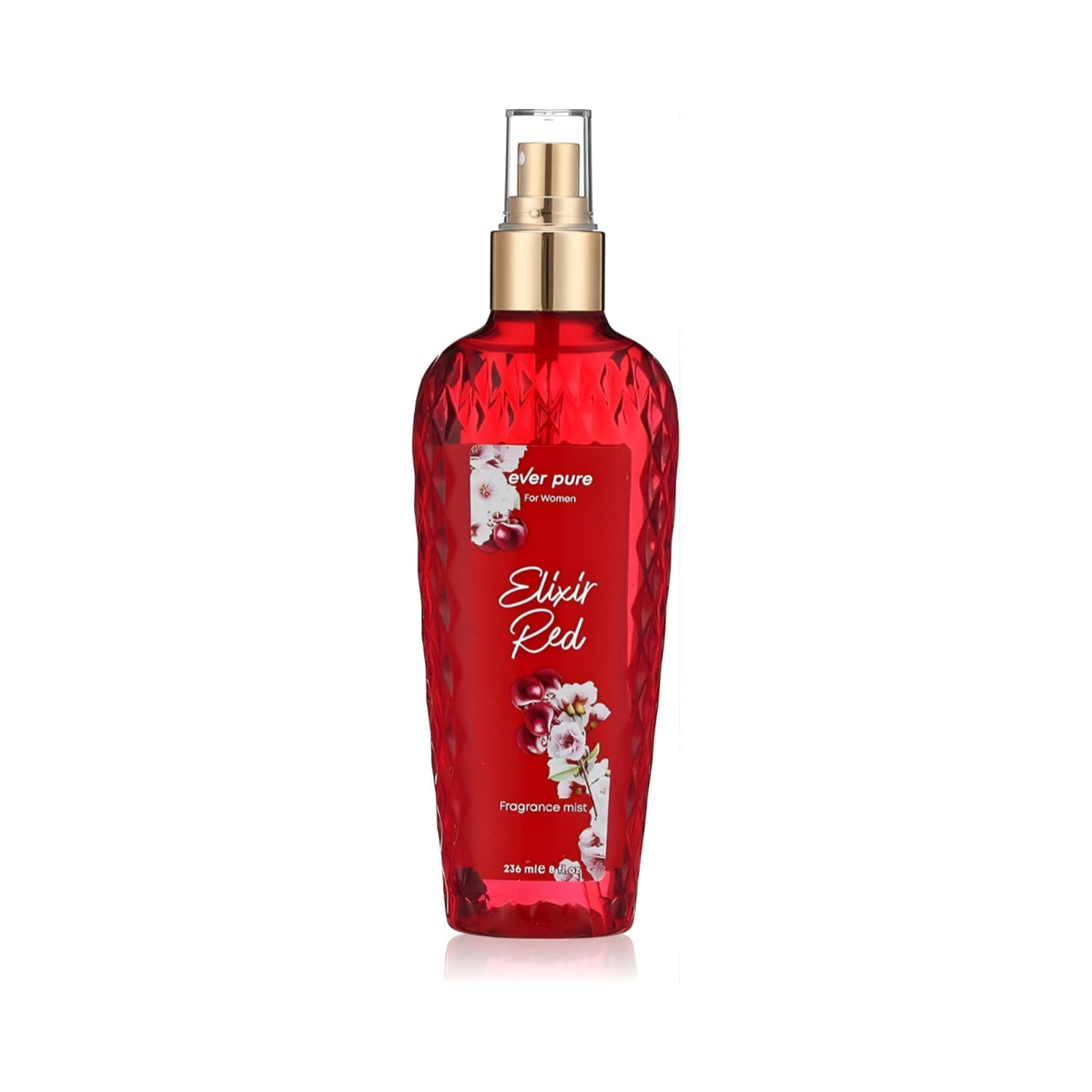 Refect Beauty Ever Pure Elixir Red body mist in a textured red glass bottle with a gold spray nozzle