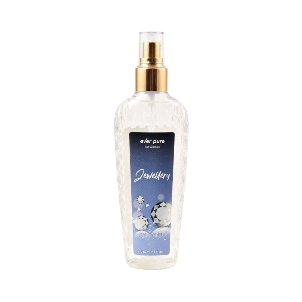Refect Beauty Ever Pure Jewellery body mist in a clear spray bottle with a gold cap and diamond-themed label