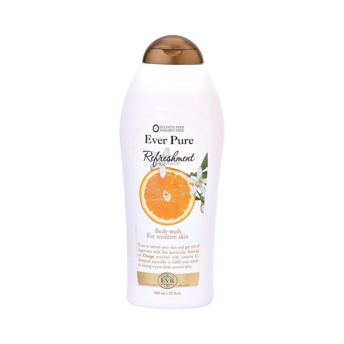 Refect Beauty Ever Pure Orange body wash in a white bottle with a brown cap and orange fruit graphic.
