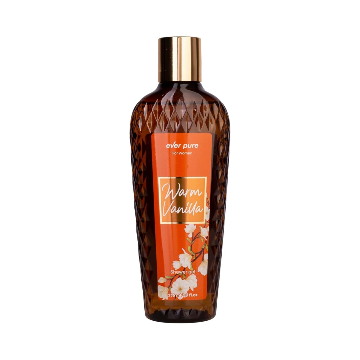 Refect Beauty Ever Pure Warm Vanilla shower gel in a textured amber bottle with a gold cap and floral label design.