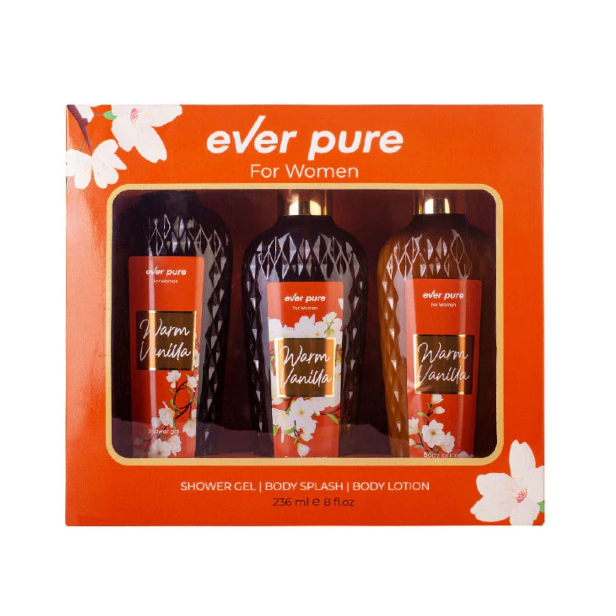 Refect Beauty Ever Pure Warm Vanilla gift set featuring shower gel, body splash, and body lotion in orange packaging.