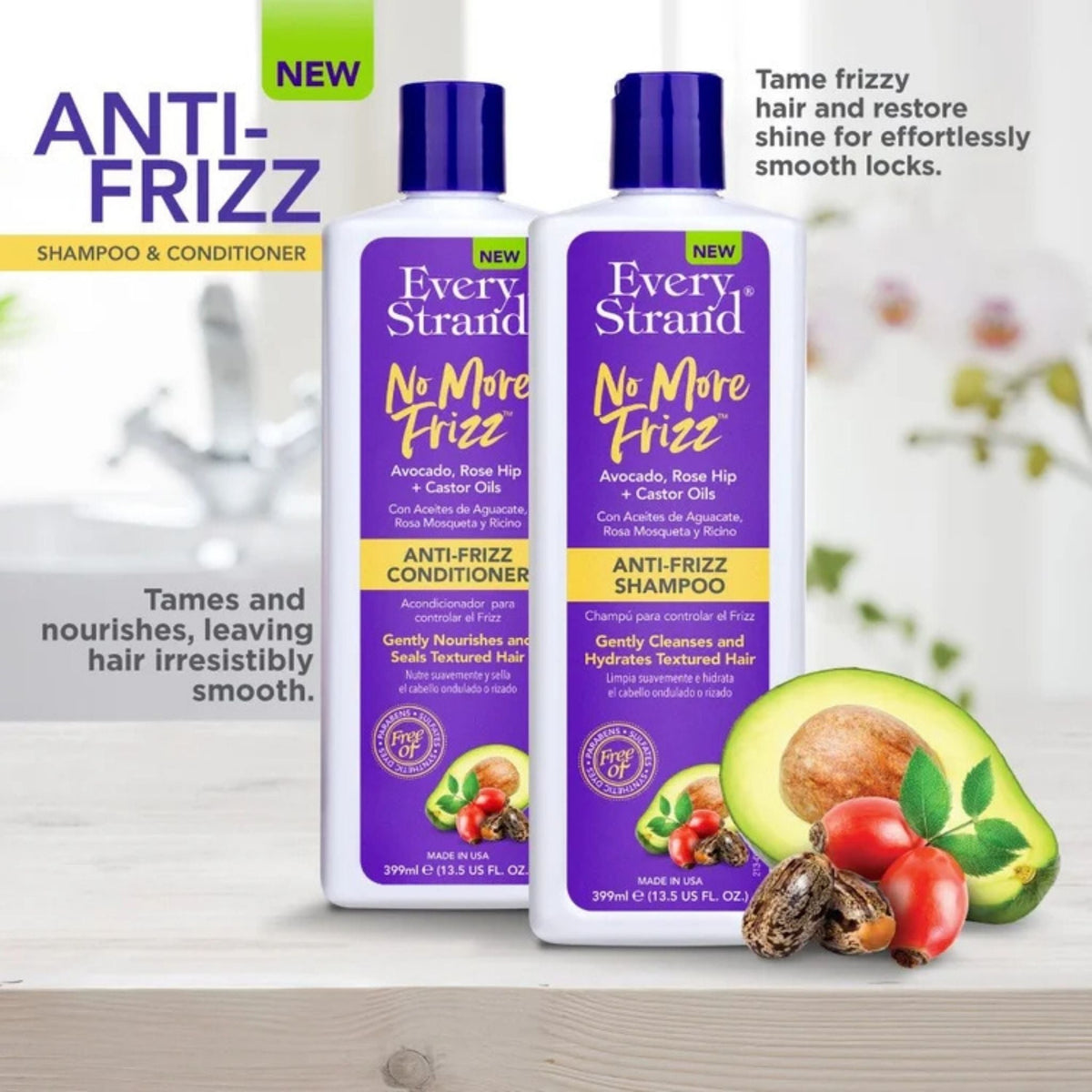 Refect Beauty Every Strand No More Frizz shampoo and conditioner bottles with avocado, rose hip, and castor oil