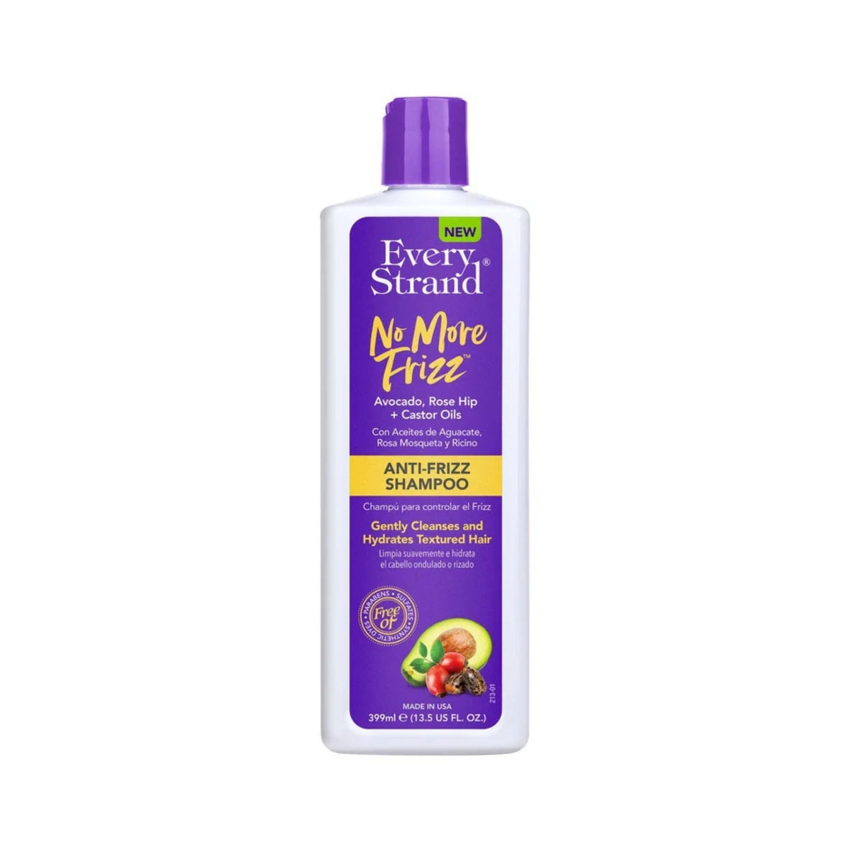 Refect Beauty Every Strand No More Frizz anti-frizz shampoo bottle with avocado, rose hip, and castor oils.