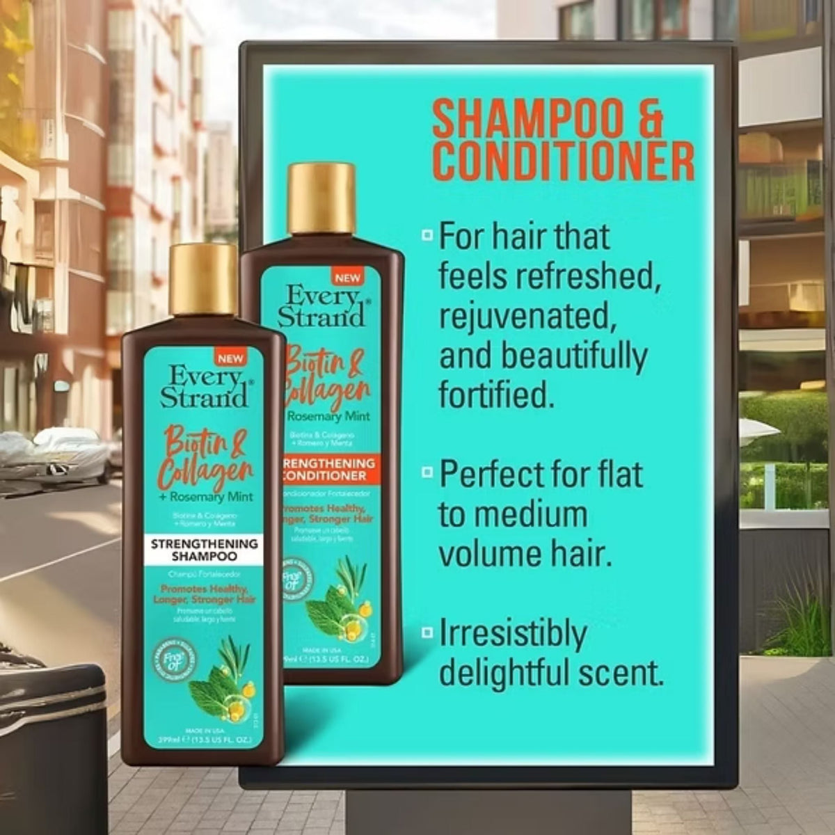 Refect Beauty advertisement featuring Every Strand Biotin, Collagen and Rosemary Mint hair strengthening conditioner.