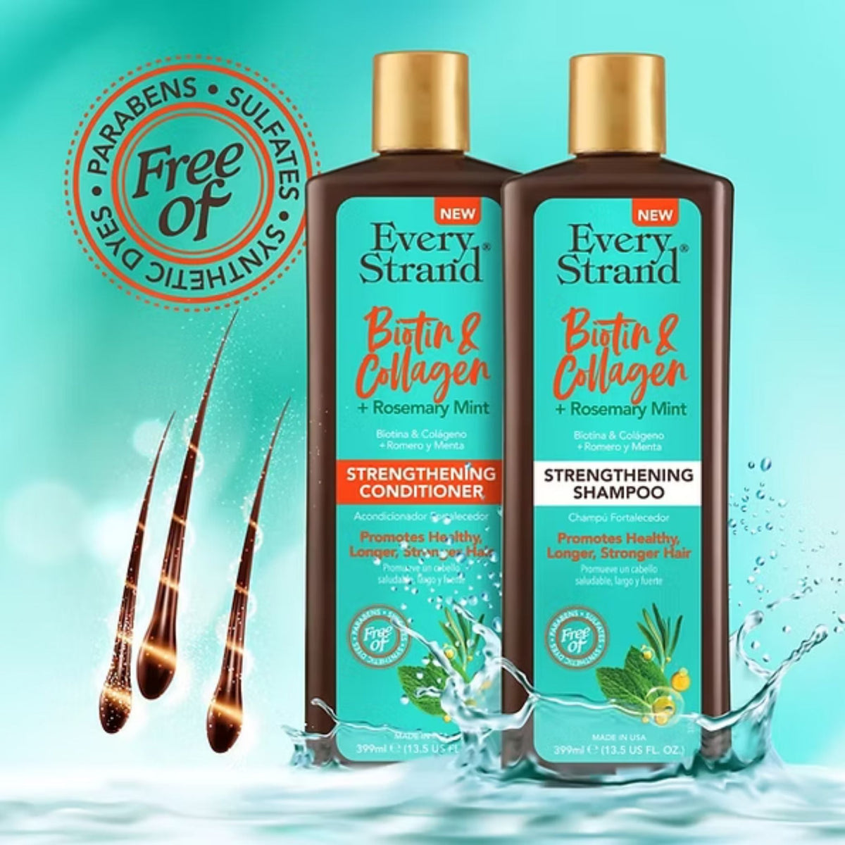 Refect Beauty Every Strand Biotin, Collagen, and Rosemary Mint hair strengthening conditioner and shampoo bottles.