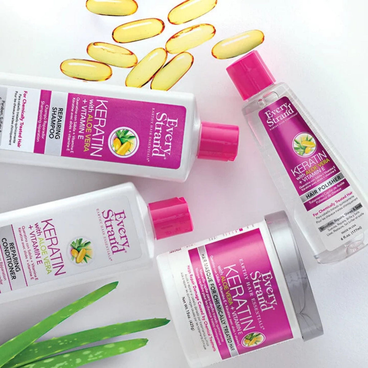 Refect Beauty Every Strand Keratin hair care collection with shampoo, hair polisher, and mask on a green background.