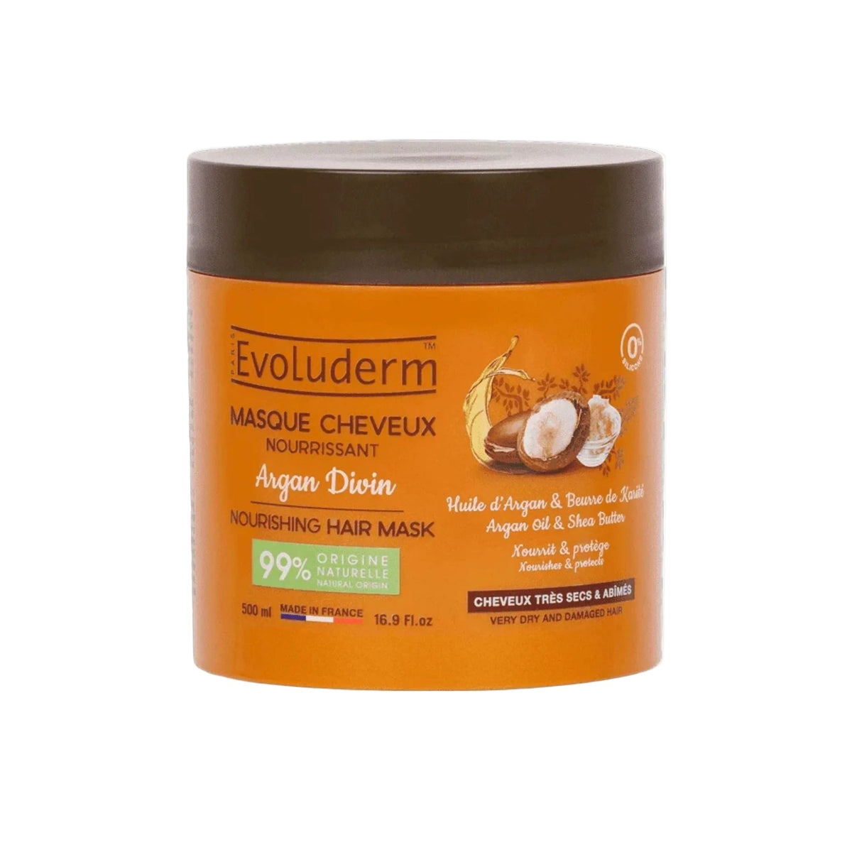 Refect Beauty Evoluderm Argan Divin nourishing hair mask in an orange 500ml jar for dry and damaged hair.
