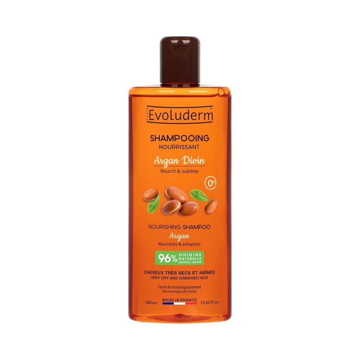 Refect Beauty Evoluderm Argan Divin nourishing shampoo bottle with argan oil and shea butter for dry damaged hair