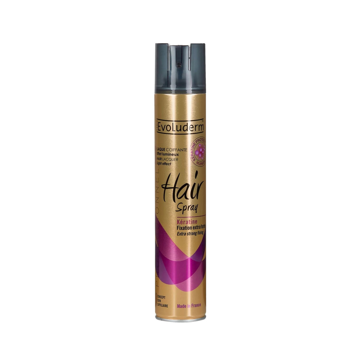 Refect Beauty Evoluderm Ultra Strong Fixing Keratin Hairspray in a gold and purple aerosol can for long-lasting hold.