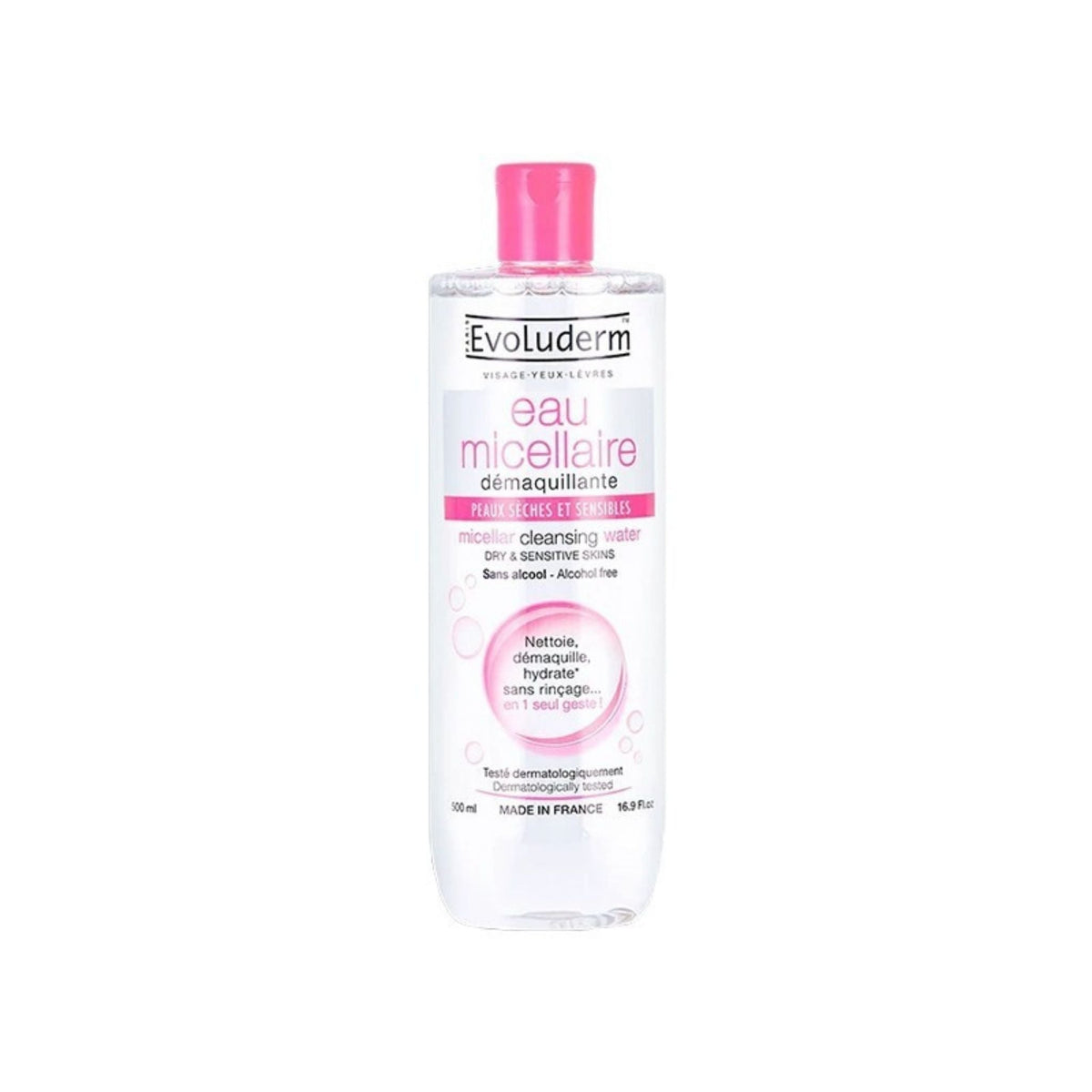 Refect Beauty Evoluderm micellar cleansing water for dry and sensitive skin in a 500ml bottle with a pink cap.