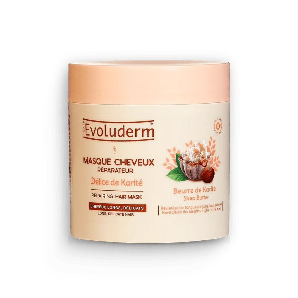 Refect Beauty Evoluderm Shea Butter Repairing Hair Mask in a beige jar for dry and damaged hair treatment.