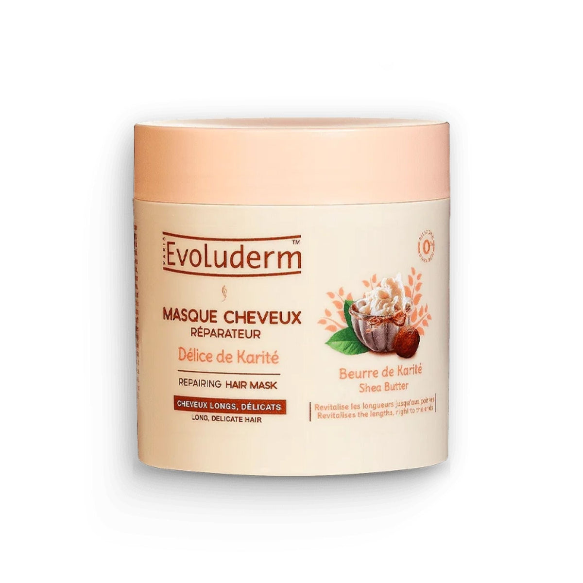 Refect Beauty Evoluderm Shea Butter Repairing Hair Mask in a beige jar for dry and damaged hair treatment.