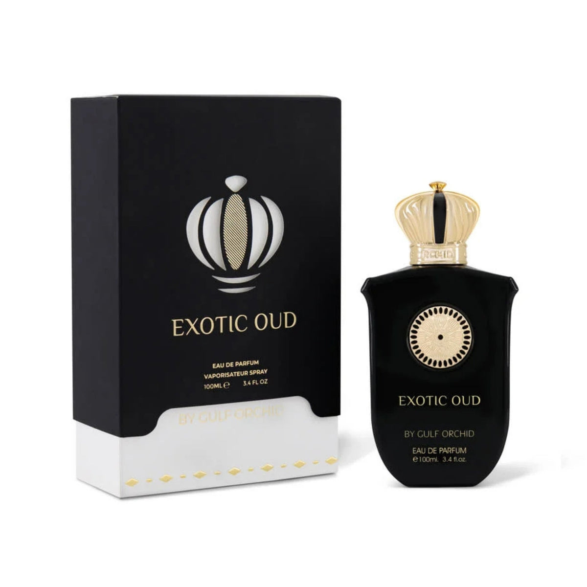 Refect Beauty Gulf Orchid Exotic Oud Eau de Parfum bottle and black box with gold crown cap and elegant design