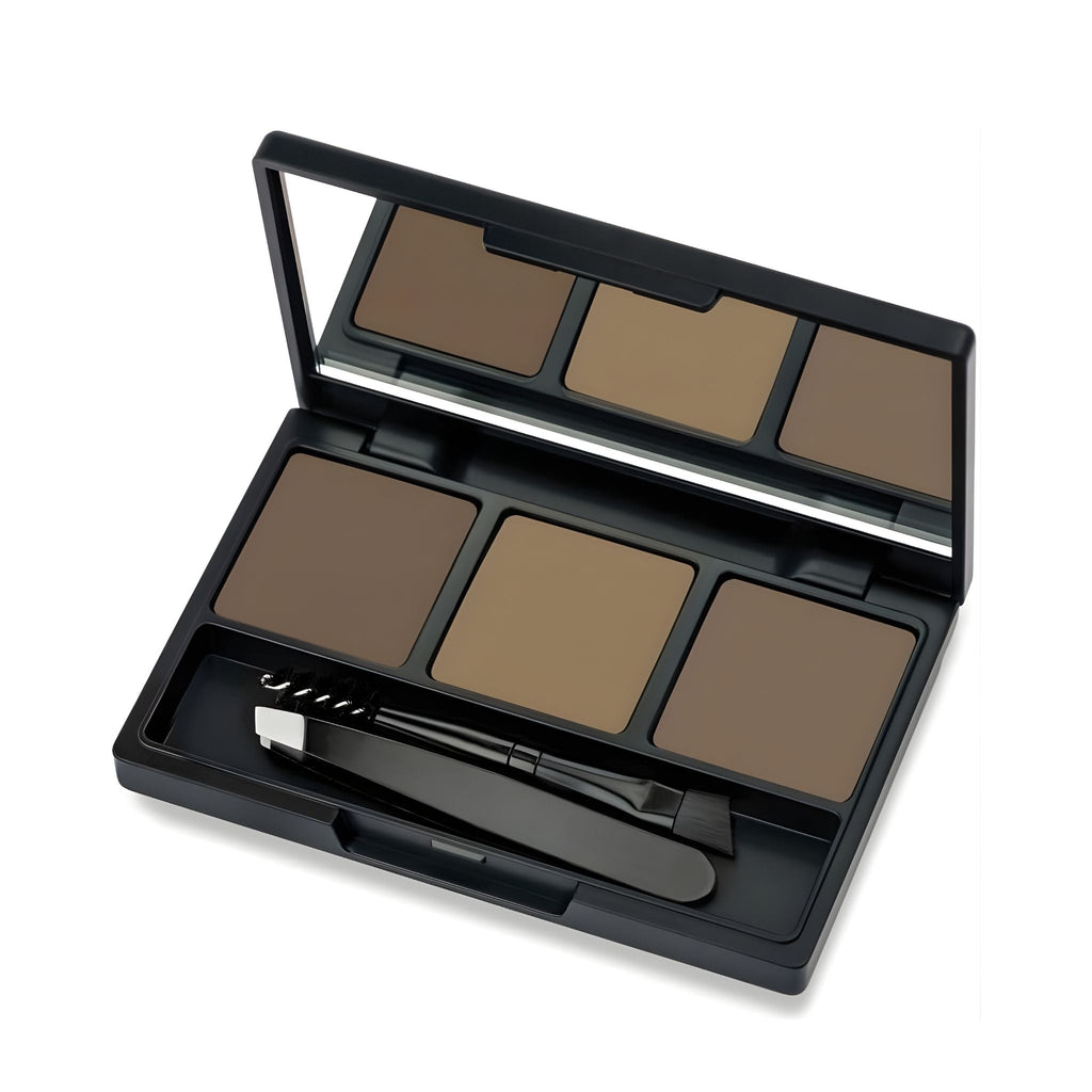 Refect Beauty Golden Rose eyebrow styling kit with three shades of brow powder, styling wax, tweezers, and brush. Ash