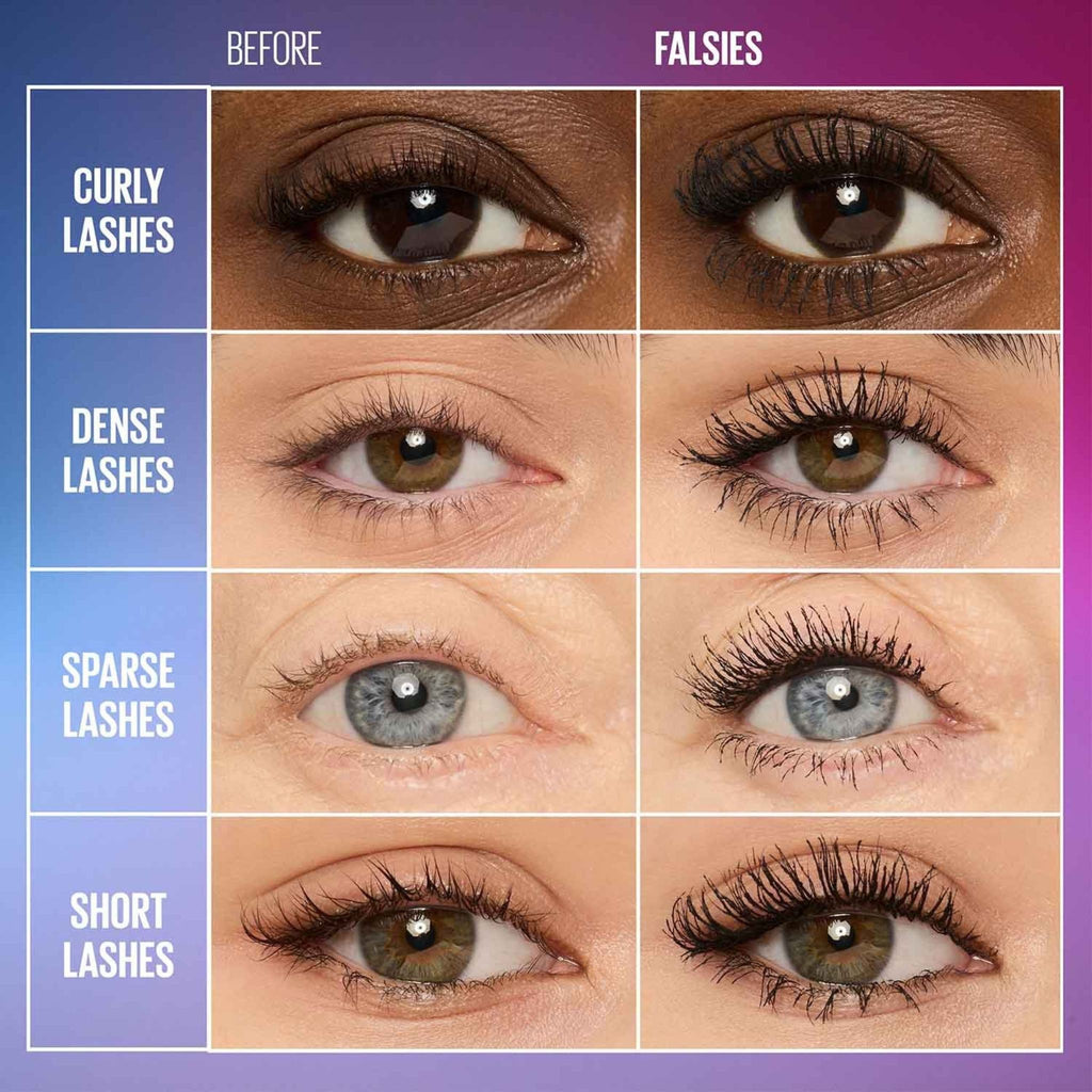 Refect Beauty comparison chart showing before and after results of Maybelline The Falsies Lash Lift mascara application