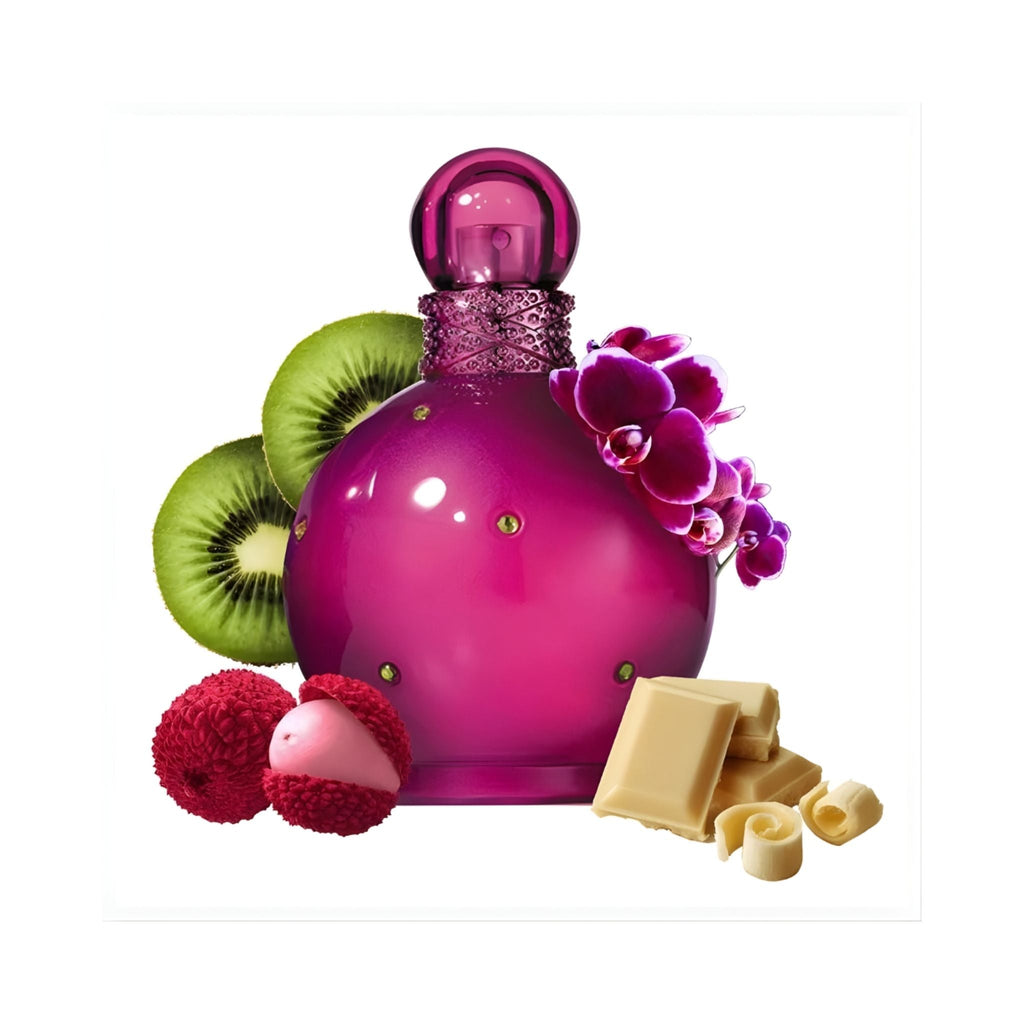 Refect Beauty Fantasy Britney Spears eau de parfum bottle surrounded by kiwi, lychee, white chocolate, and orchids.