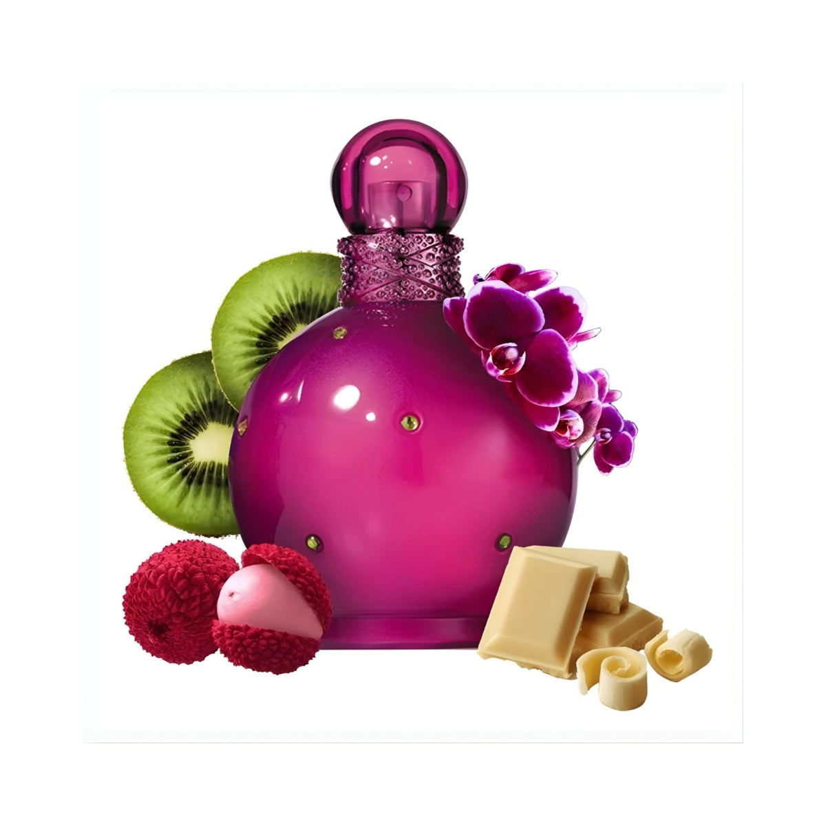 Refect Beauty Fantasy Britney Spears eau de parfum bottle surrounded by kiwi, lychee, white chocolate, and orchids.