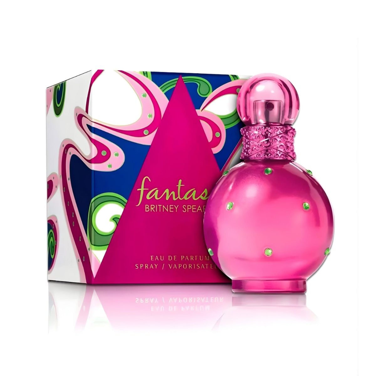 Refect Beauty Fantasy Britney Spears Eau de Parfum in a round pink bottle with green crystals and matching gift box