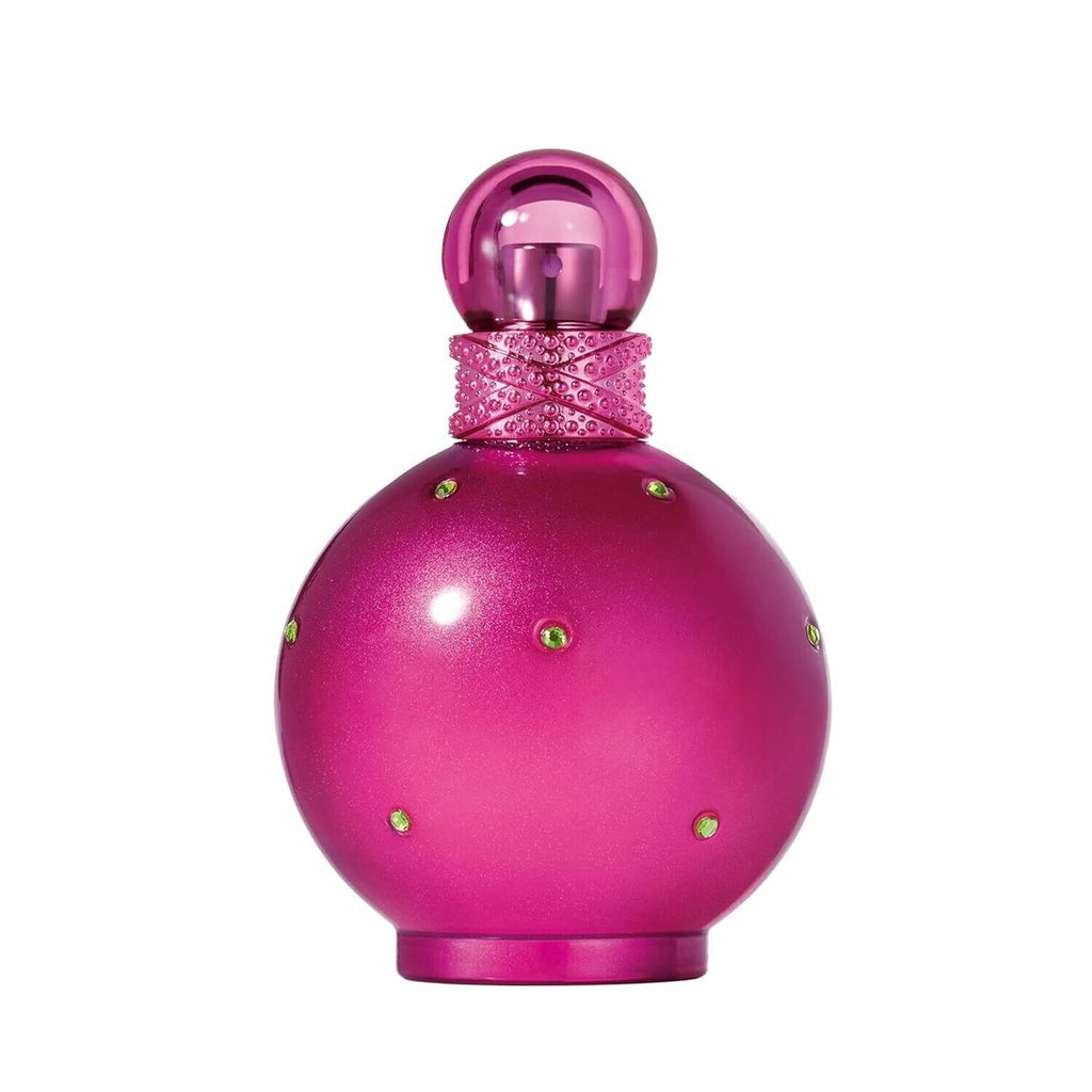 Refect Beauty Fantasy Britney Spears eau de parfum in a round, bright pink bottle with green crystal accents.