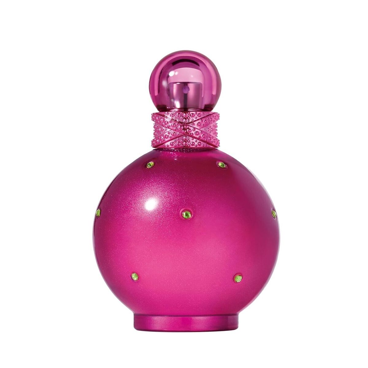Refect Beauty Fantasy Britney Spears eau de parfum in a round, bright pink bottle with green crystal accents.