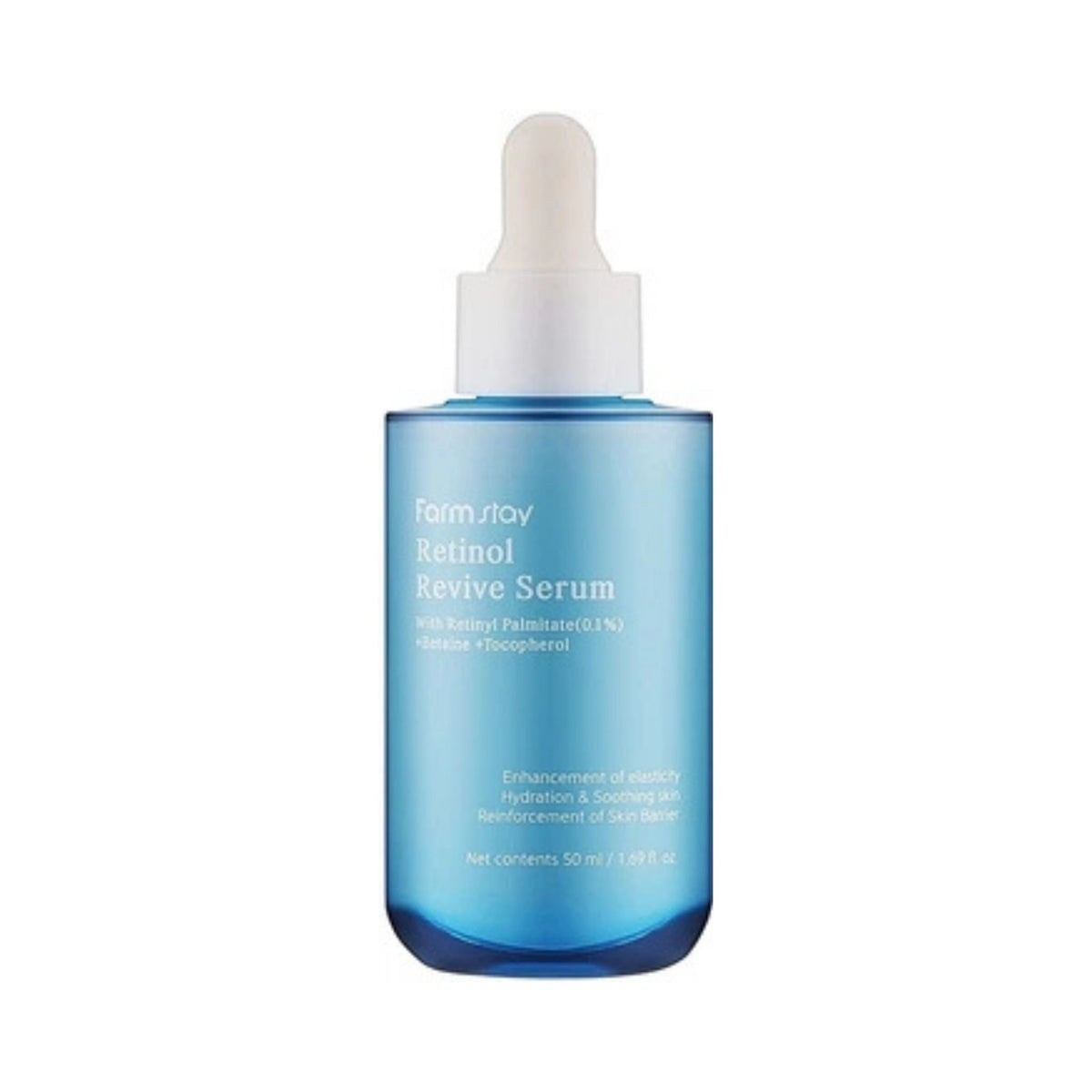 Refect Beauty FarmStay Retinol Revive Serum in a blue glass dropper bottle for anti-aging and skin hydration.