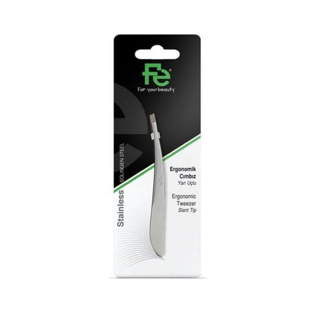 Refect Beauty Fe ergonomic stainless steel slant tip tweezers in retail packaging for precise eyebrow grooming