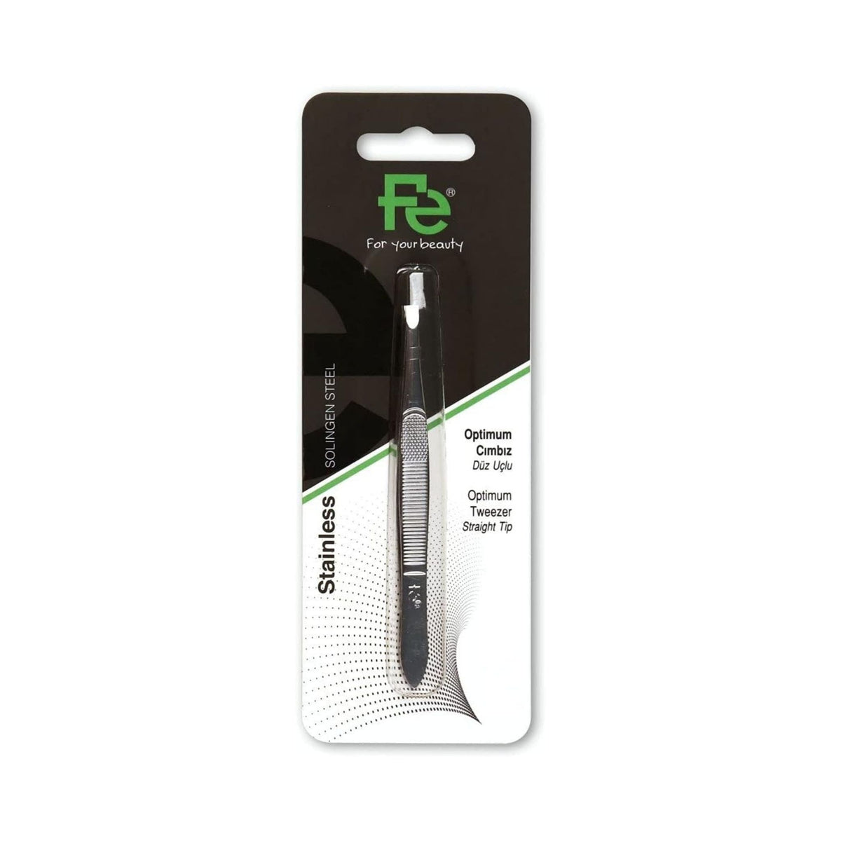 Refect Beauty Fe Optimum stainless steel straight tip tweezers in retail packaging for precise eyebrow grooming