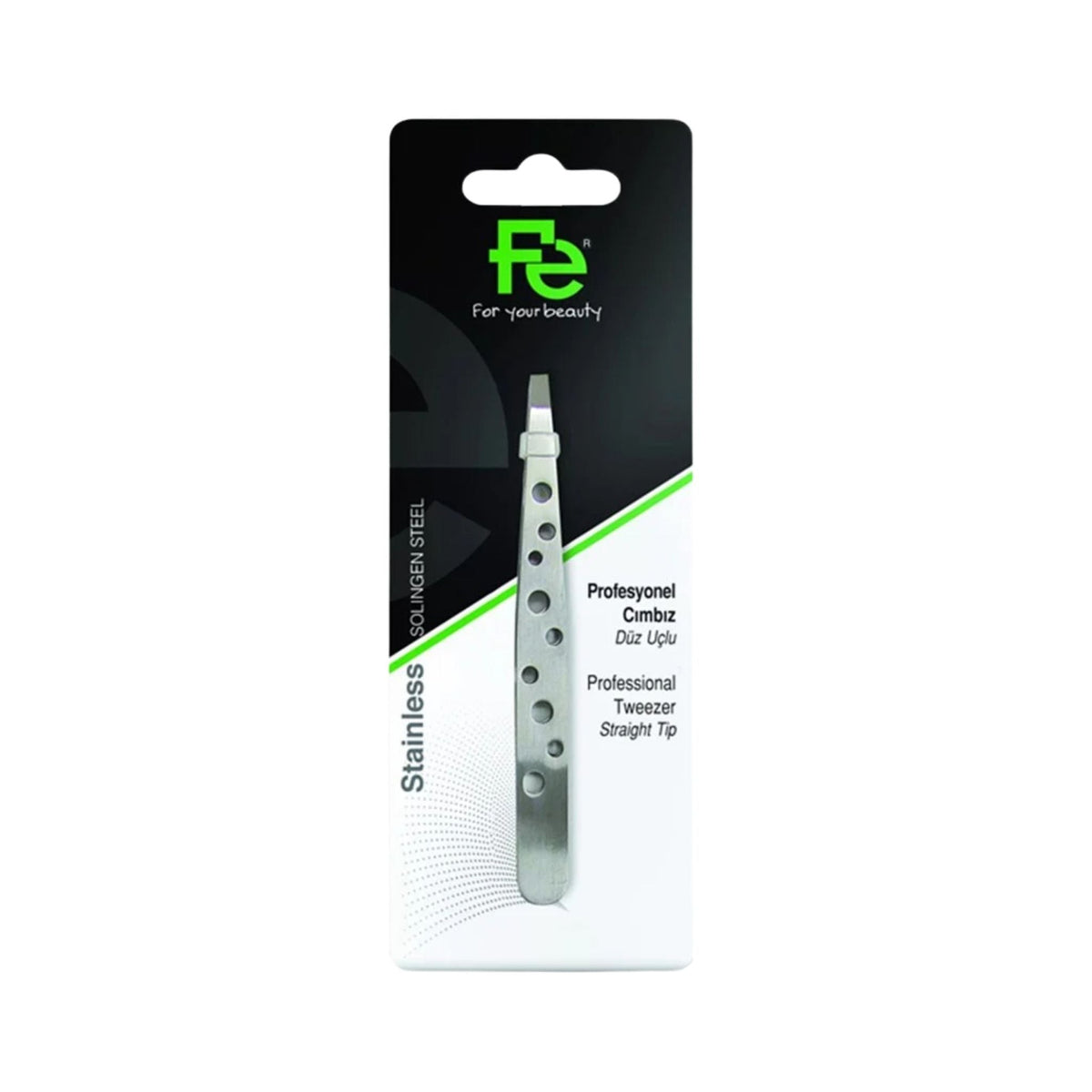 Refect Beauty Fe Professional stainless steel straight tip tweezers in retail packaging for precision grooming