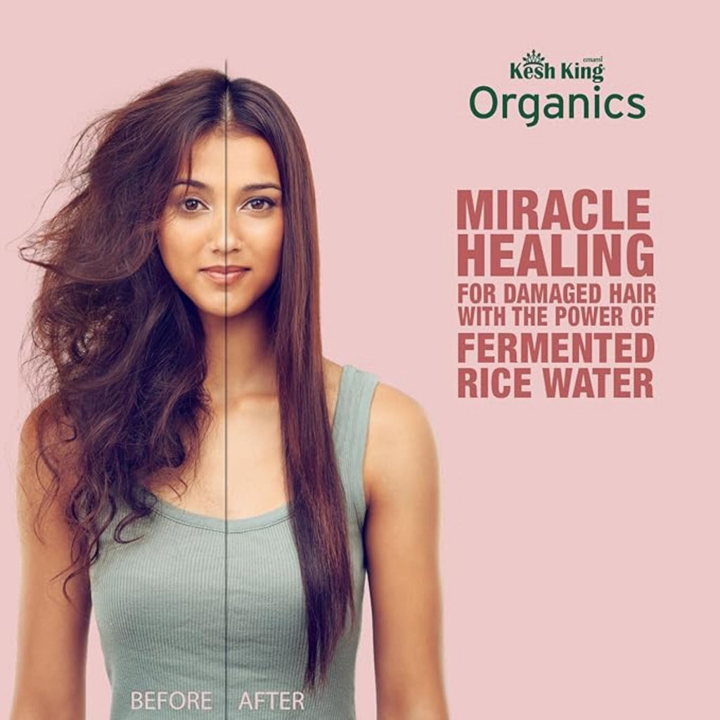 Refect Beauty Kesh King Organics fermented rice water shampoo showing before and after hair transformation results
