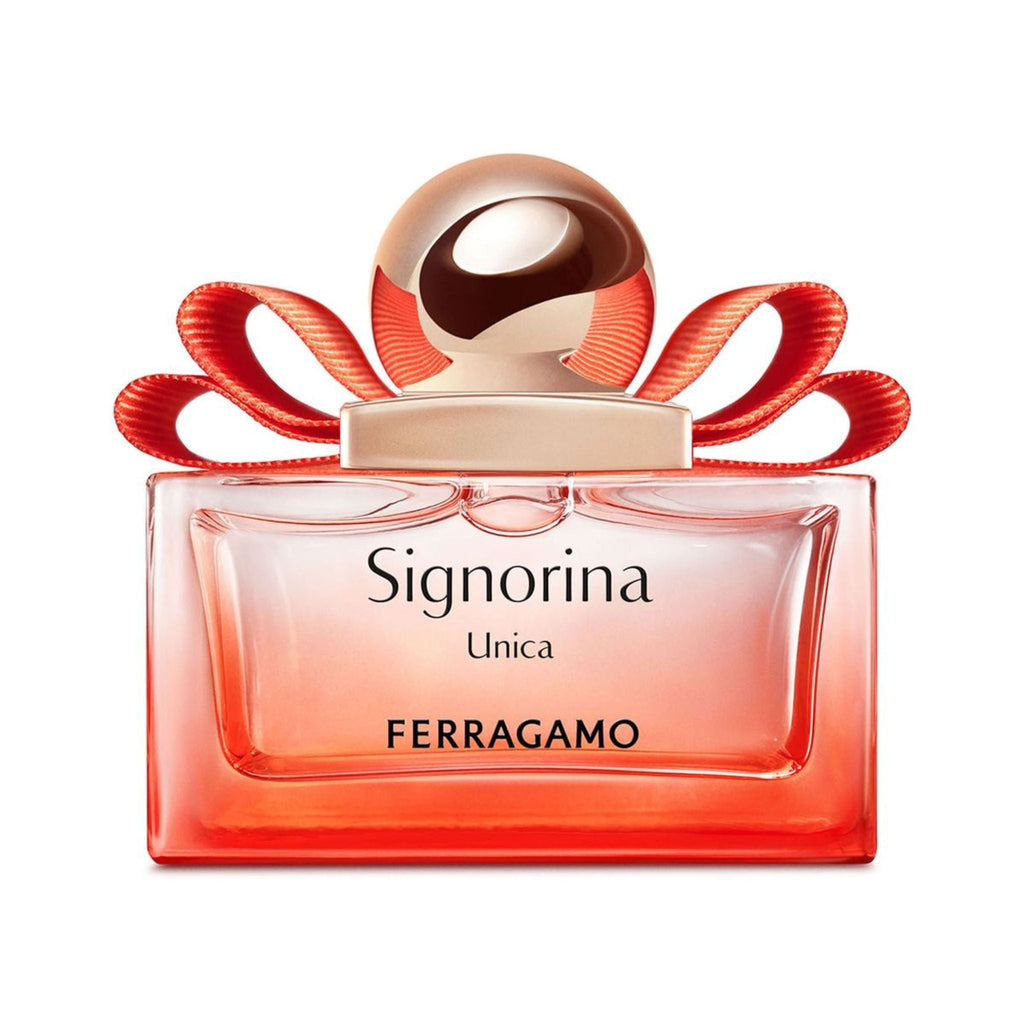 Refect Beauty Salvatore Ferragamo Signorina Unica perfume bottle with a red gradient glass and signature bow topper.