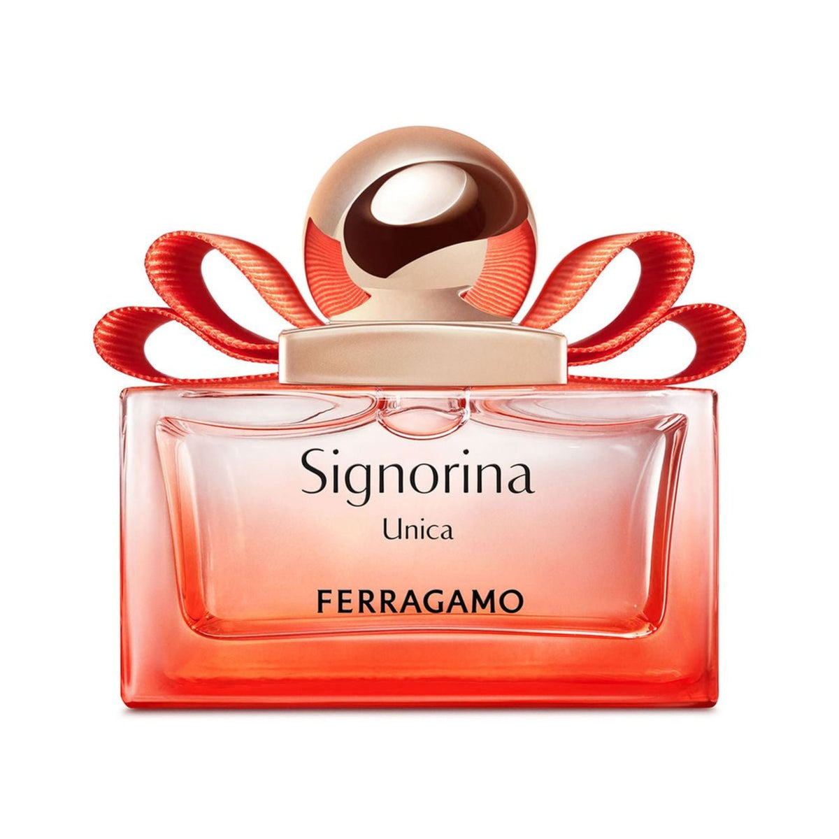 Refect Beauty Salvatore Ferragamo Signorina Unica perfume bottle with a red gradient glass and signature bow topper.
