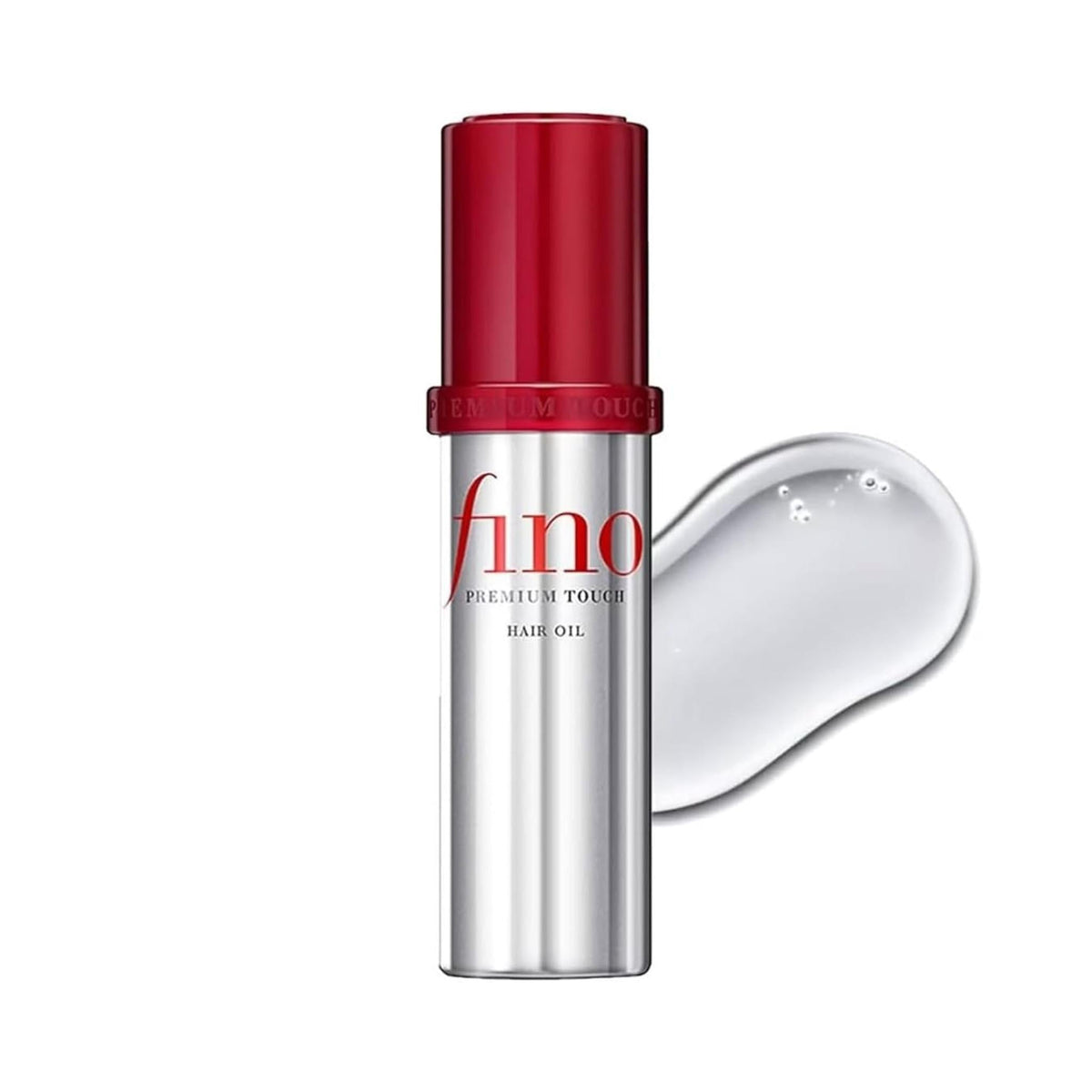 Refect Beauty Fino Premium Touch hair oil in a silver bottle with a red cap, featuring a clear oil texture swatch.