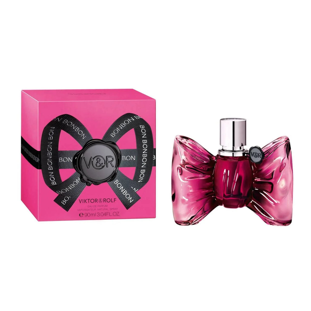 Refect Beauty Viktor & Rolf FlowerBomb Bonbon Eau de Parfum in a pink bow-shaped bottle with its matching gift box.