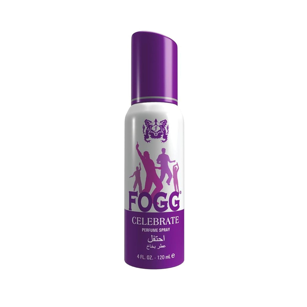 Refect Beauty Fogg Celebrate non-gas body spray for men in a white and purple bottle with a dancing silhouette graphic