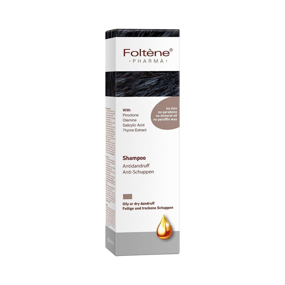 Refect Beauty Foltene Anti-Dandruff Shampoo bottle featuring Piroctone Olamine, Salicylic Acid, and Thyme Extract.