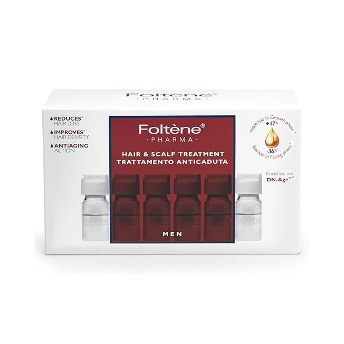 Refect Beauty Foltene Hair & Scalp Treatment for men in a white box with five vials for hair loss and scalp health.
