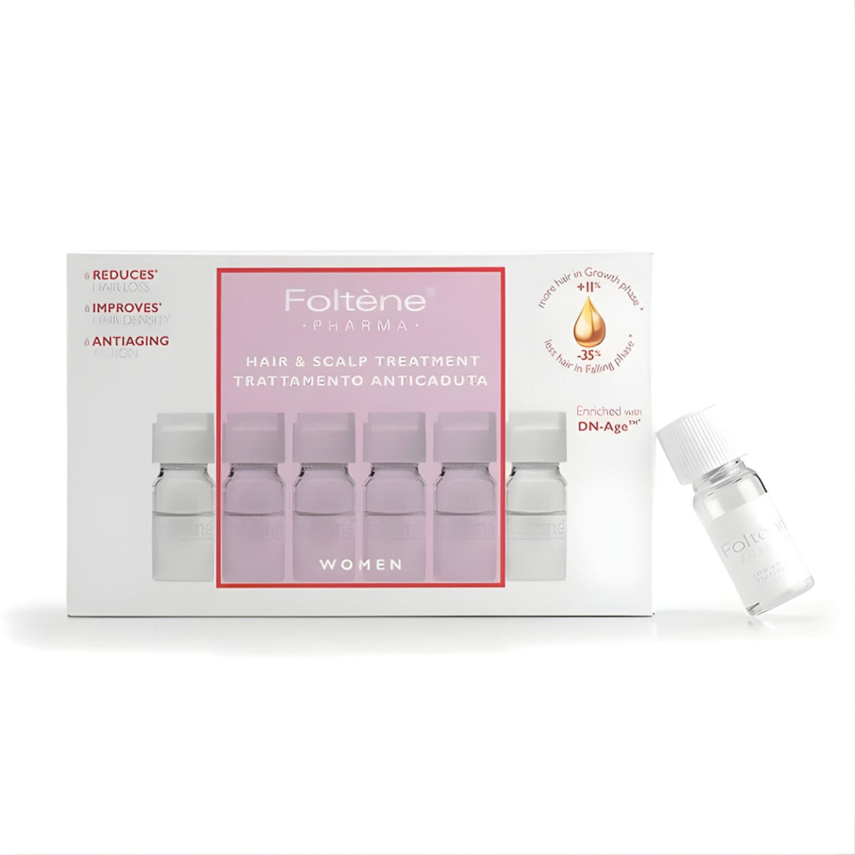 Refect Beauty Foltene Hair & Scalp Treatment for women in a box set with individual vials for hair growth support.