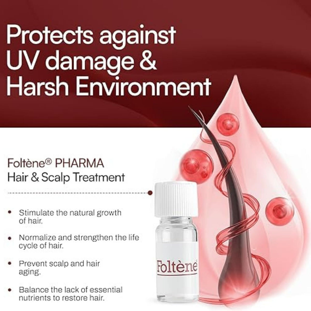 Refect Beauty Foltene Pharma hair and scalp treatment vial with botanical extract illustration for hair growth