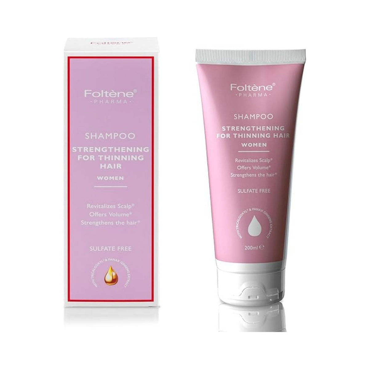 Refect Beauty Foltene strengthening shampoo for women in a pink tube and box, designed for thinning hair.