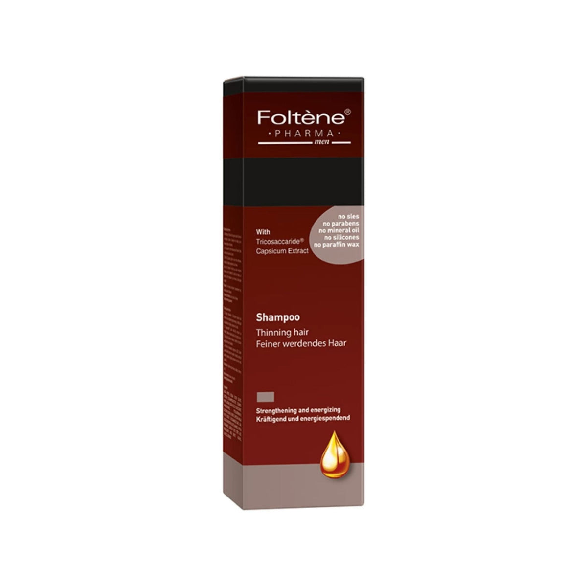 Refect Beauty Foltene Pharma shampoo for men in a brown box designed to strengthen thinning hair with Tricosaccaride.