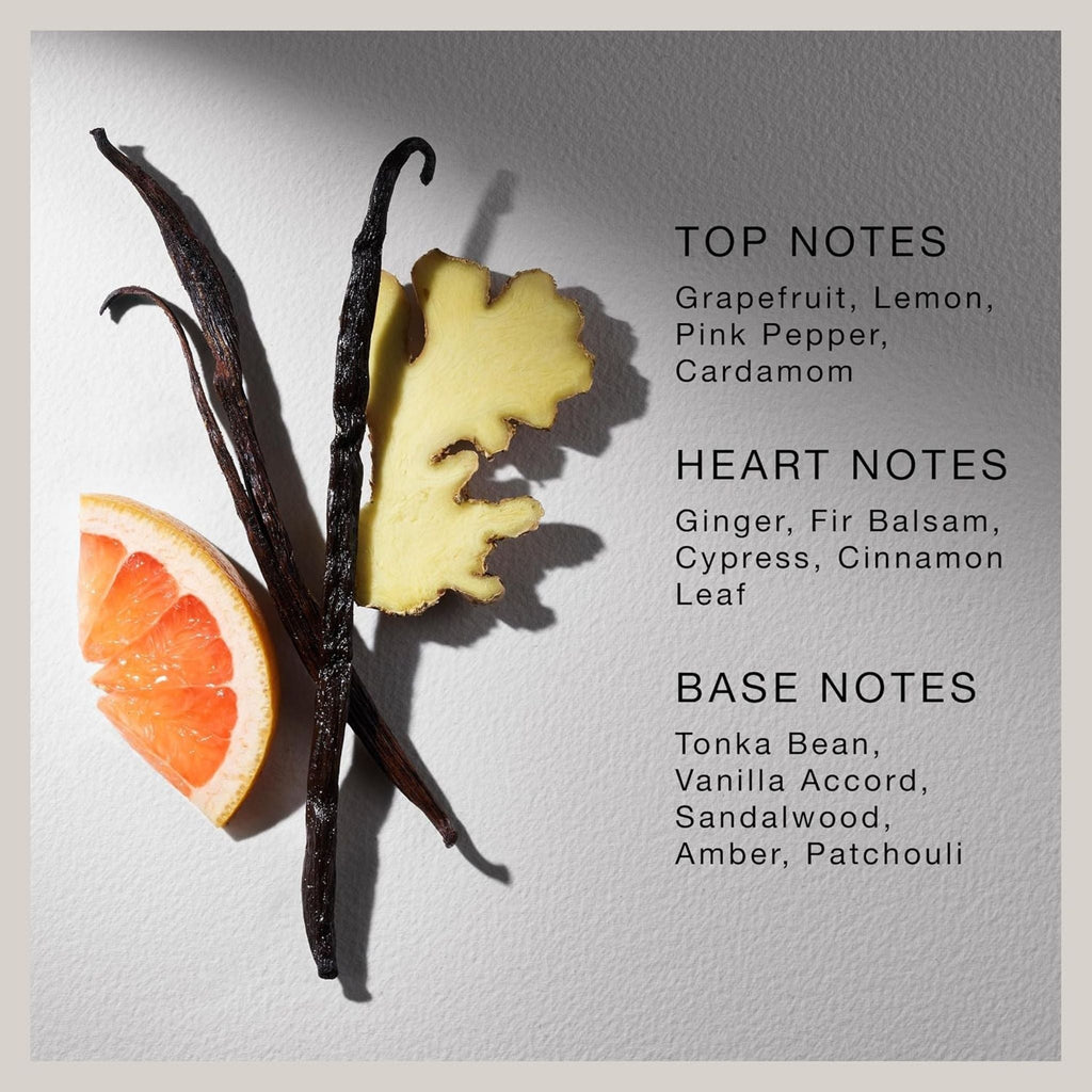 Refect Beauty fragrance notes infographic featuring grapefruit, ginger, and vanilla bean on a textured white background