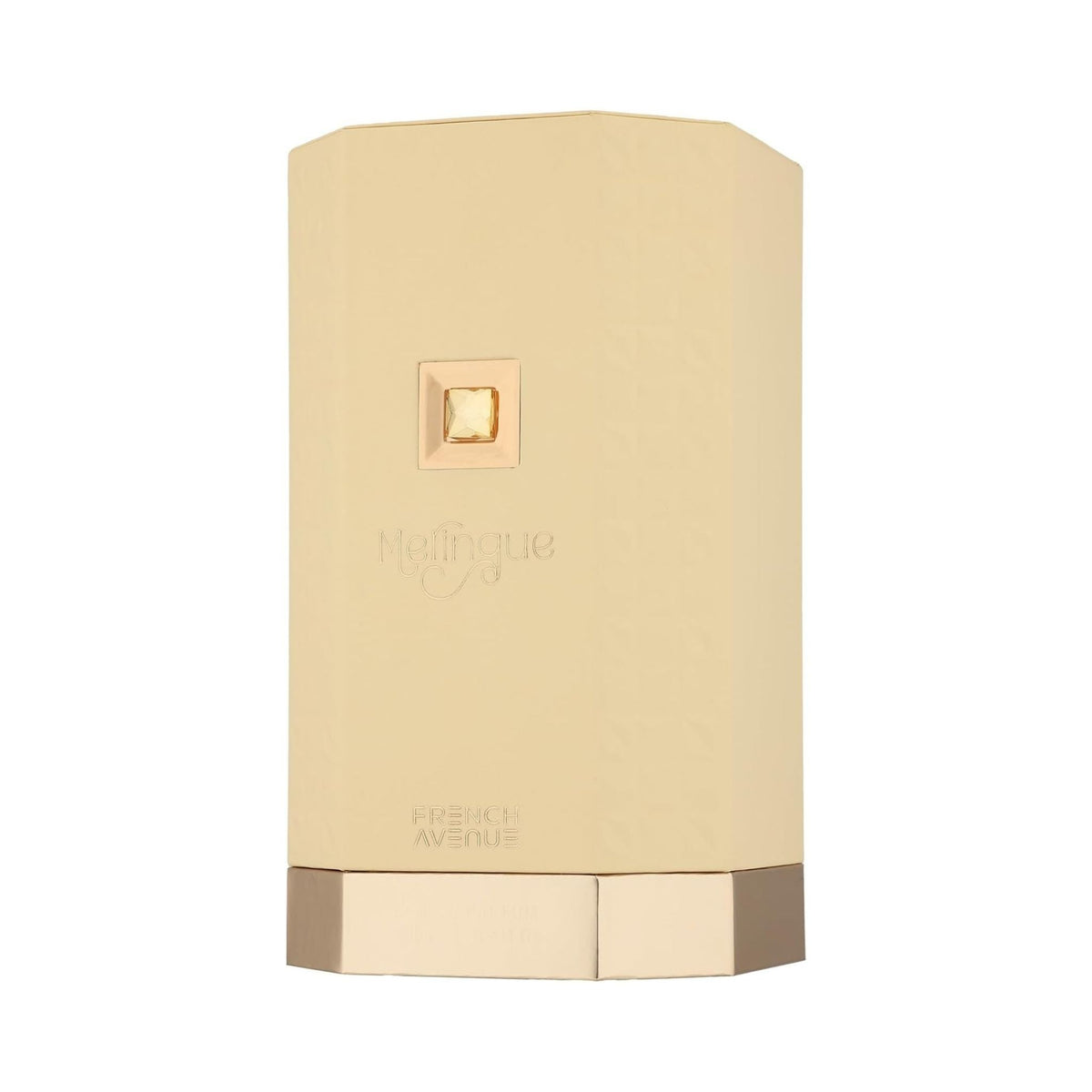 Refect Beauty French Avenue Meringue Eau de Parfum in a sleek, pale yellow hexagonal bottle with a metallic base.