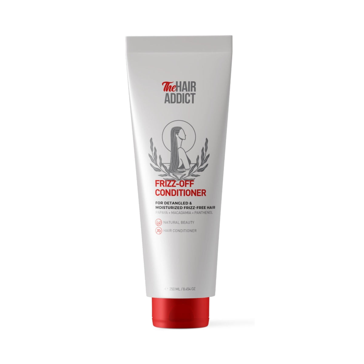 Refect Beauty Hair Addict Frizz Off Conditioner in a white tube with a red cap for smoothing unruly hair