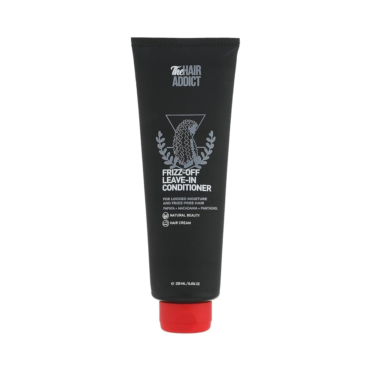 Refect Beauty Hair Addict Frizz Off leave-in conditioner in a black squeeze tube with a red cap for frizz control.
