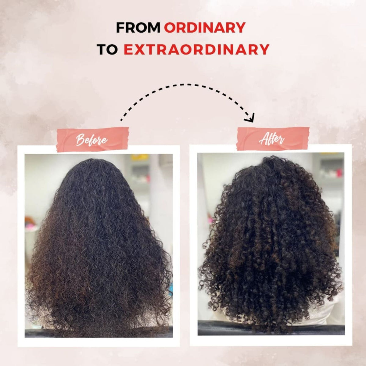 Refect Beauty Hair Addict Frizz Off Papaya Gel before and after comparison showing smoother, defined curly hair