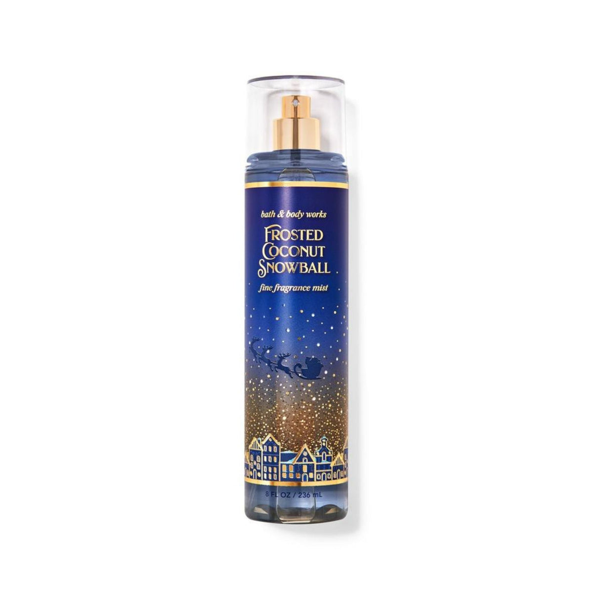 Refect Beauty Bath & Body Works Frosted Coconut Snowball body mist in a blue bottle with festive winter village design