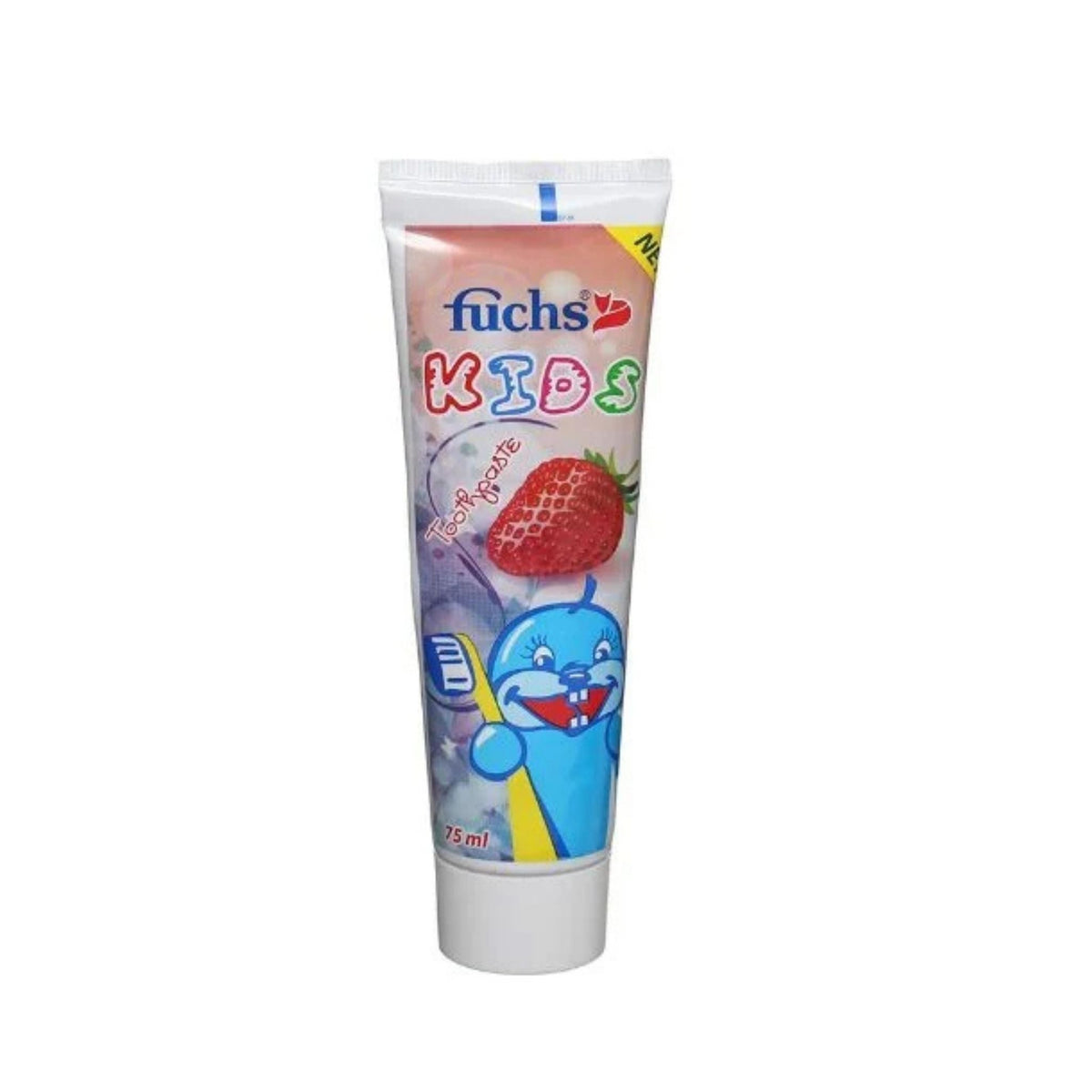 Refect Beauty Fuchs Kids strawberry flavored toothpaste gel in a 75ml tube with a cute blue character illustration.