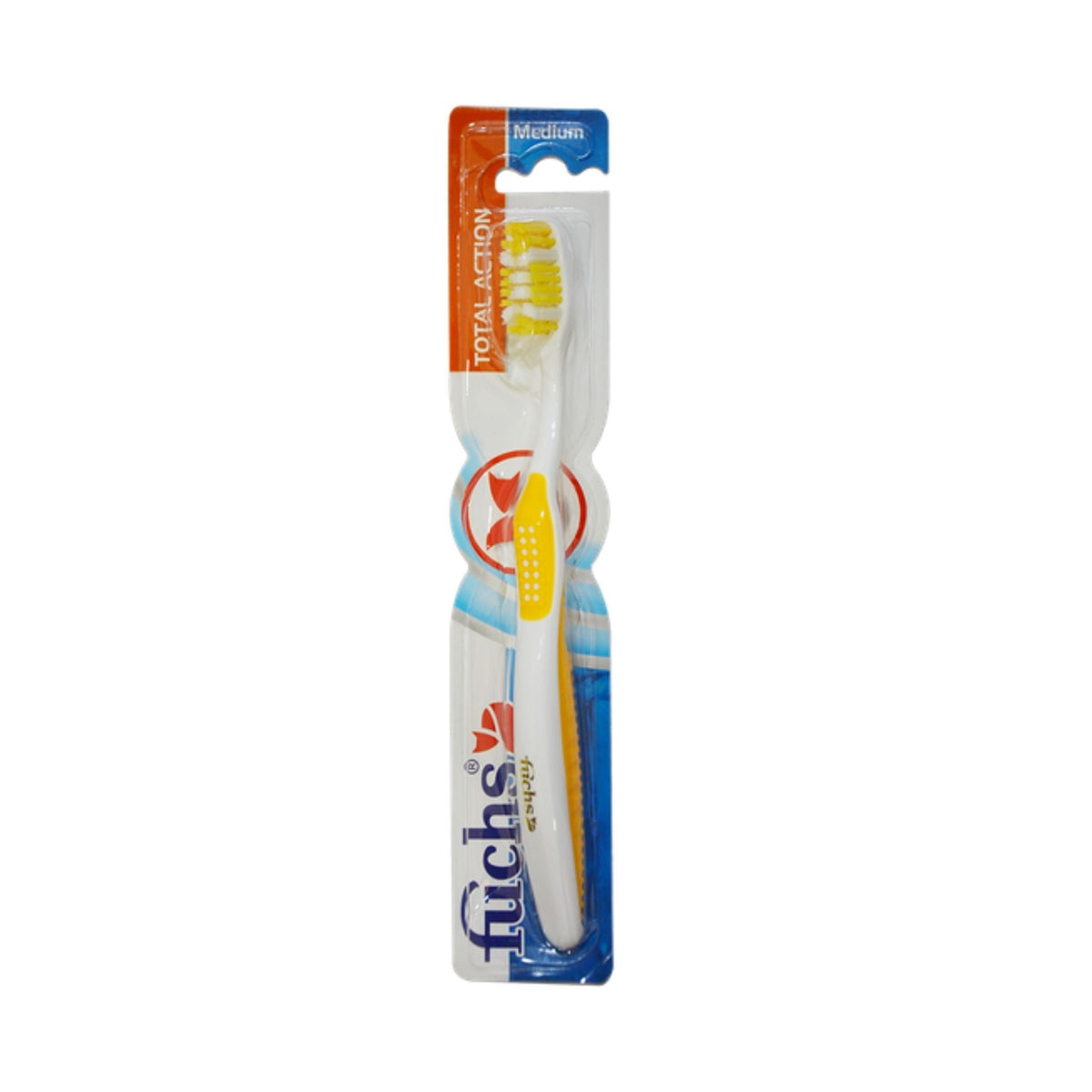 Refect Beauty Fuchs Total Action medium toothbrush in yellow and white packaging with ergonomic handle design